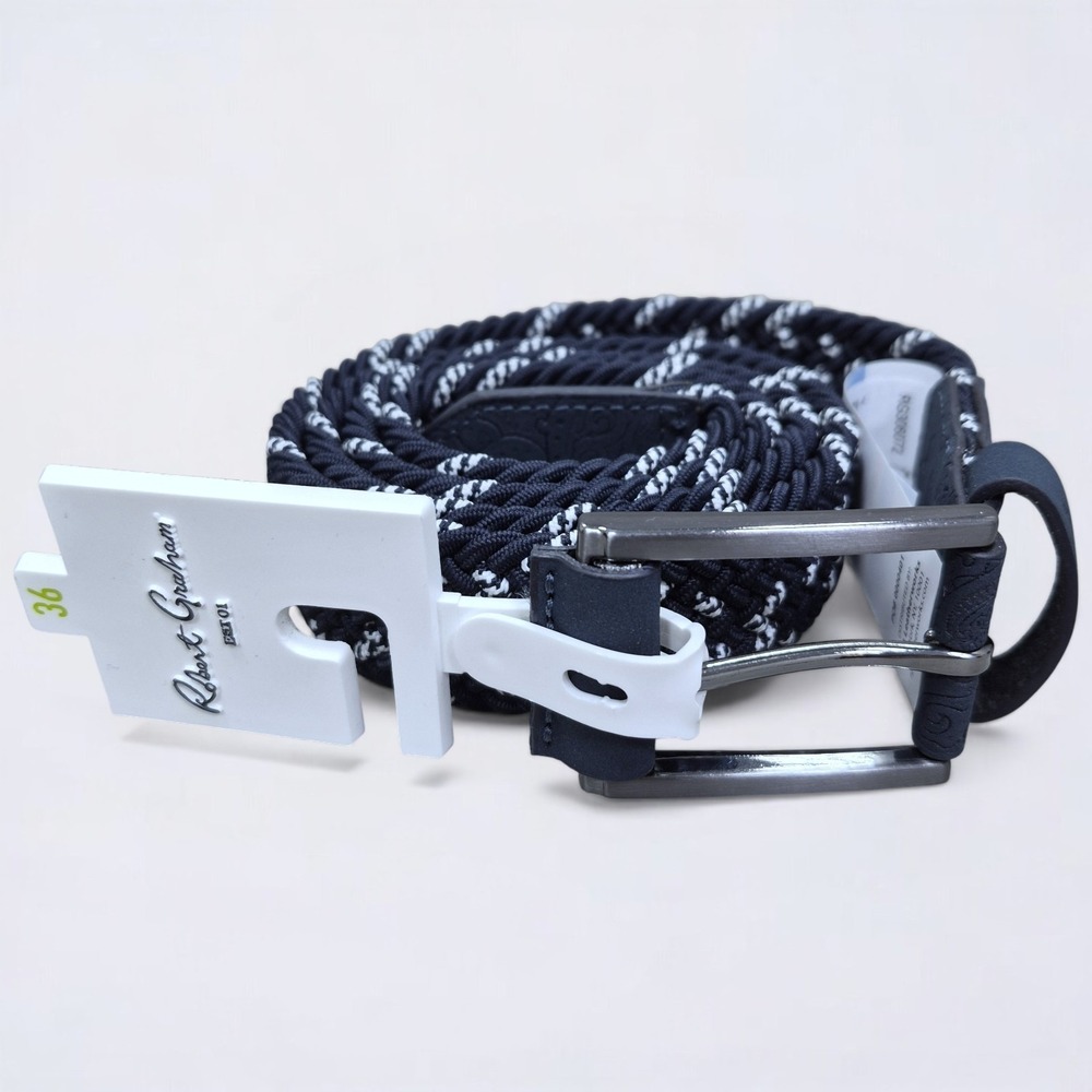 Robert Graham Jacob Belt Men's 36 Navy Braided Woven Stretch Leather Trim NWT